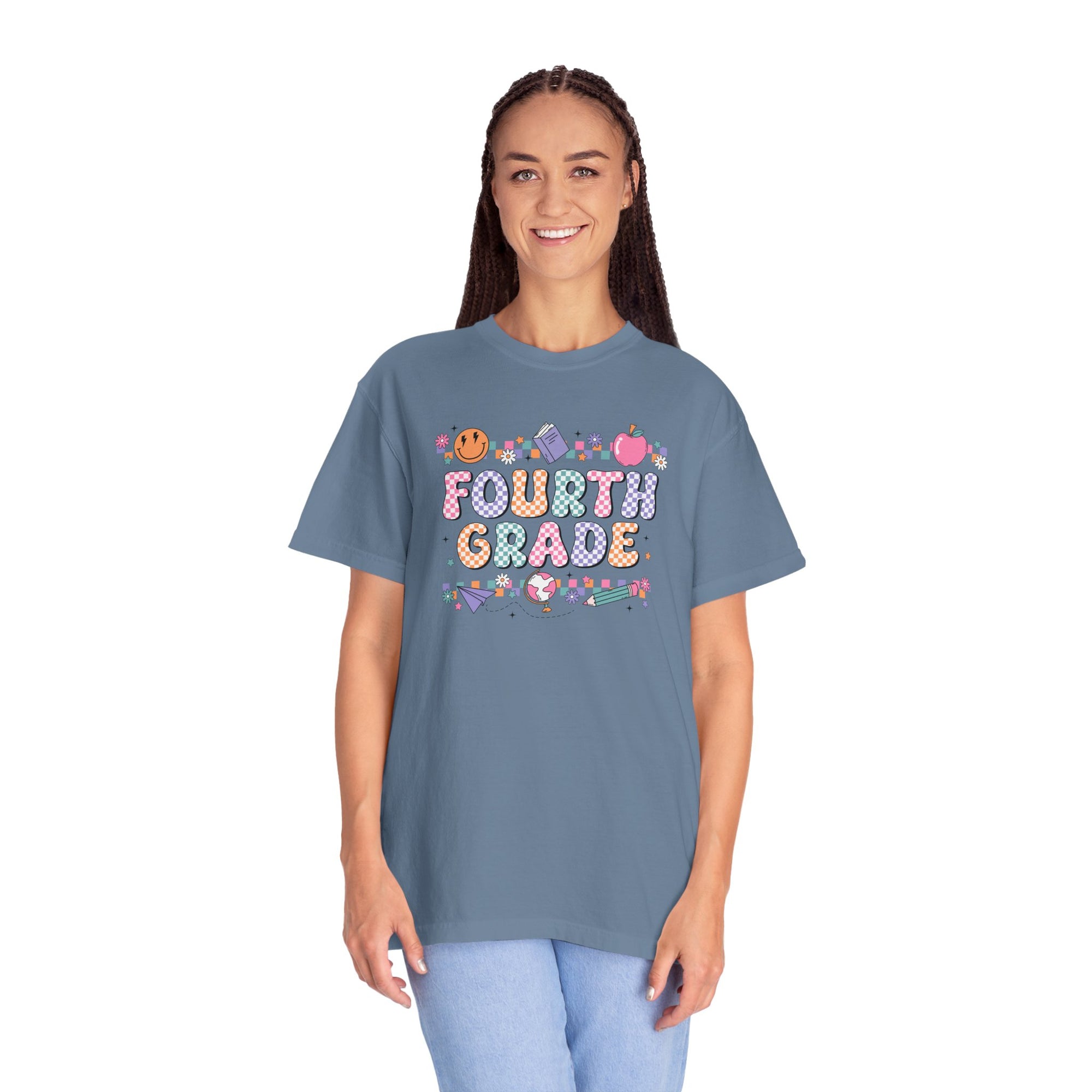 Fourth Grade Groovy Checkered Shirt - Comfort Colors 1717 Teacher Shirt - Back to School Tee - Retro Teacher Gift