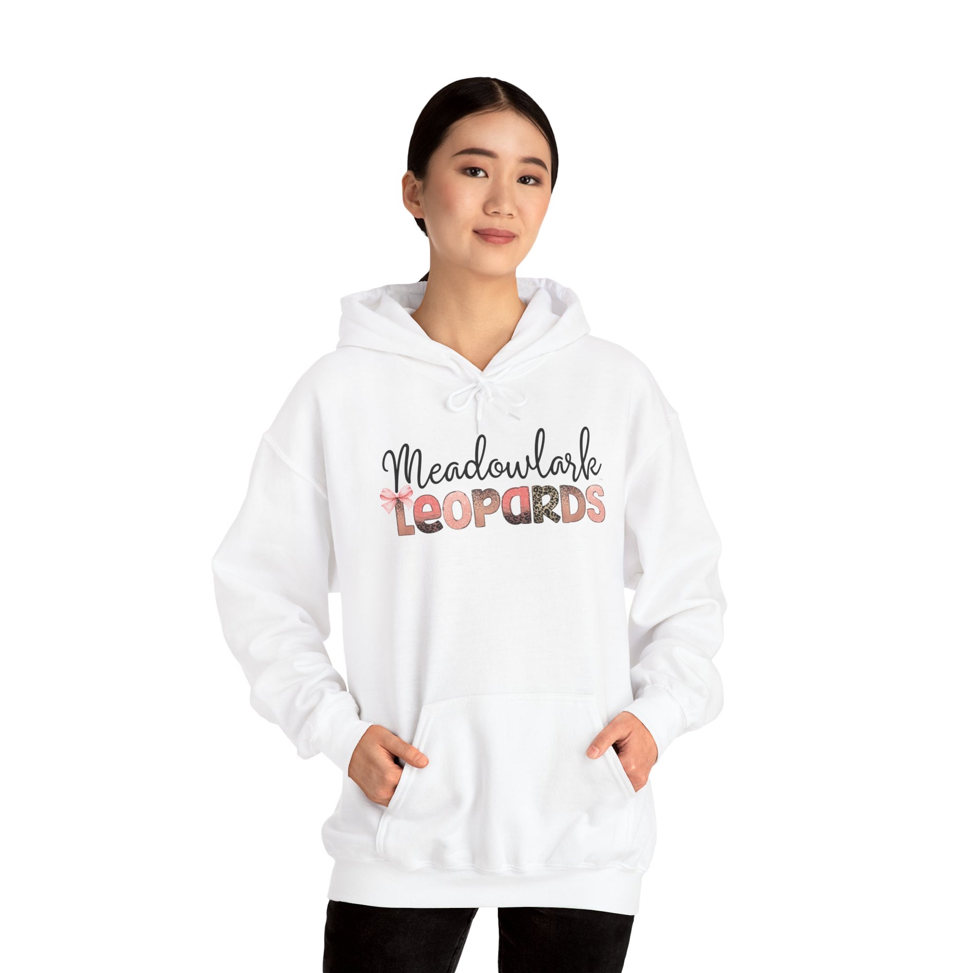 Meadowlark Leopards Hoodie – Pink Mock Glitter & Leopard Print Design with Bow | Gildan Heavy Blend Hooded Sweatshirt | School Spirit Wear