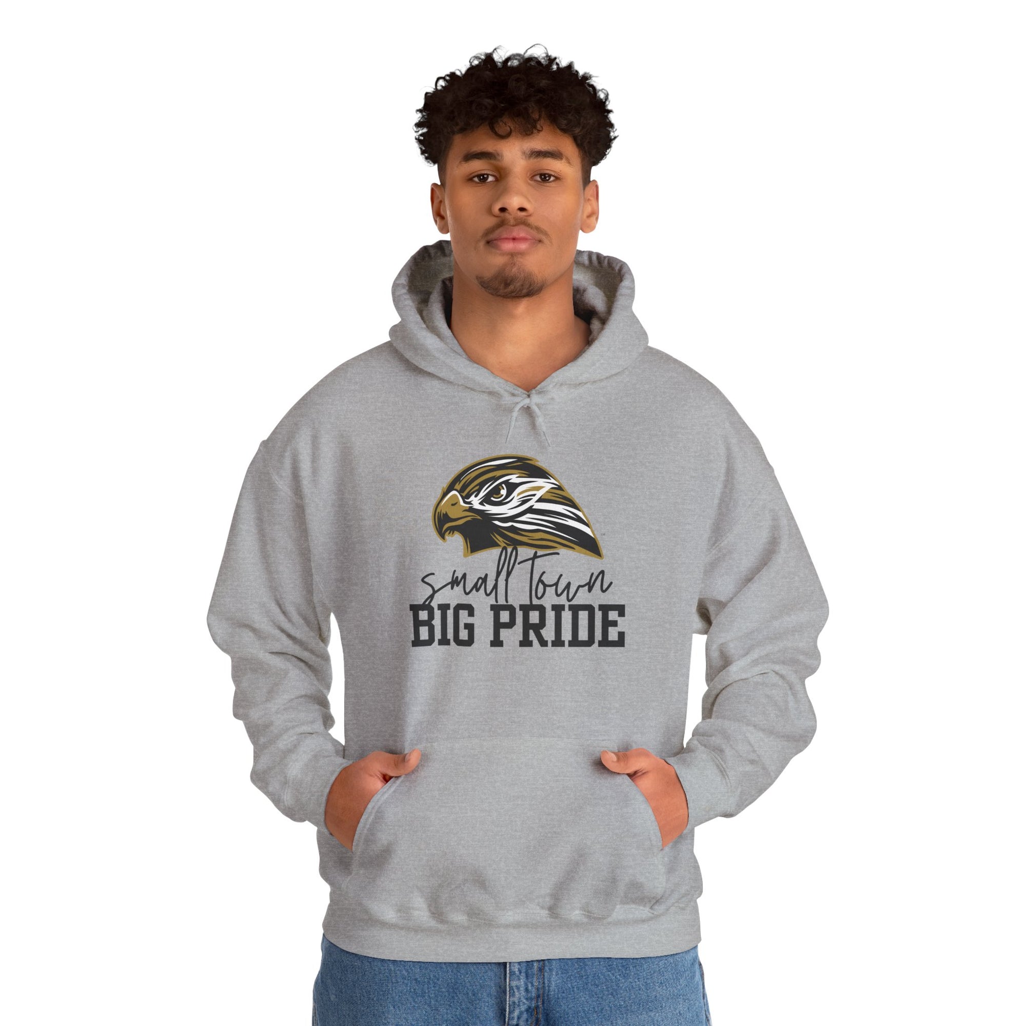 LOCAL PICK UP- Small Town, Big Pride- Gildan Heavy Blend Unisex Hoodie – Hawk Mascot Sweatshirt