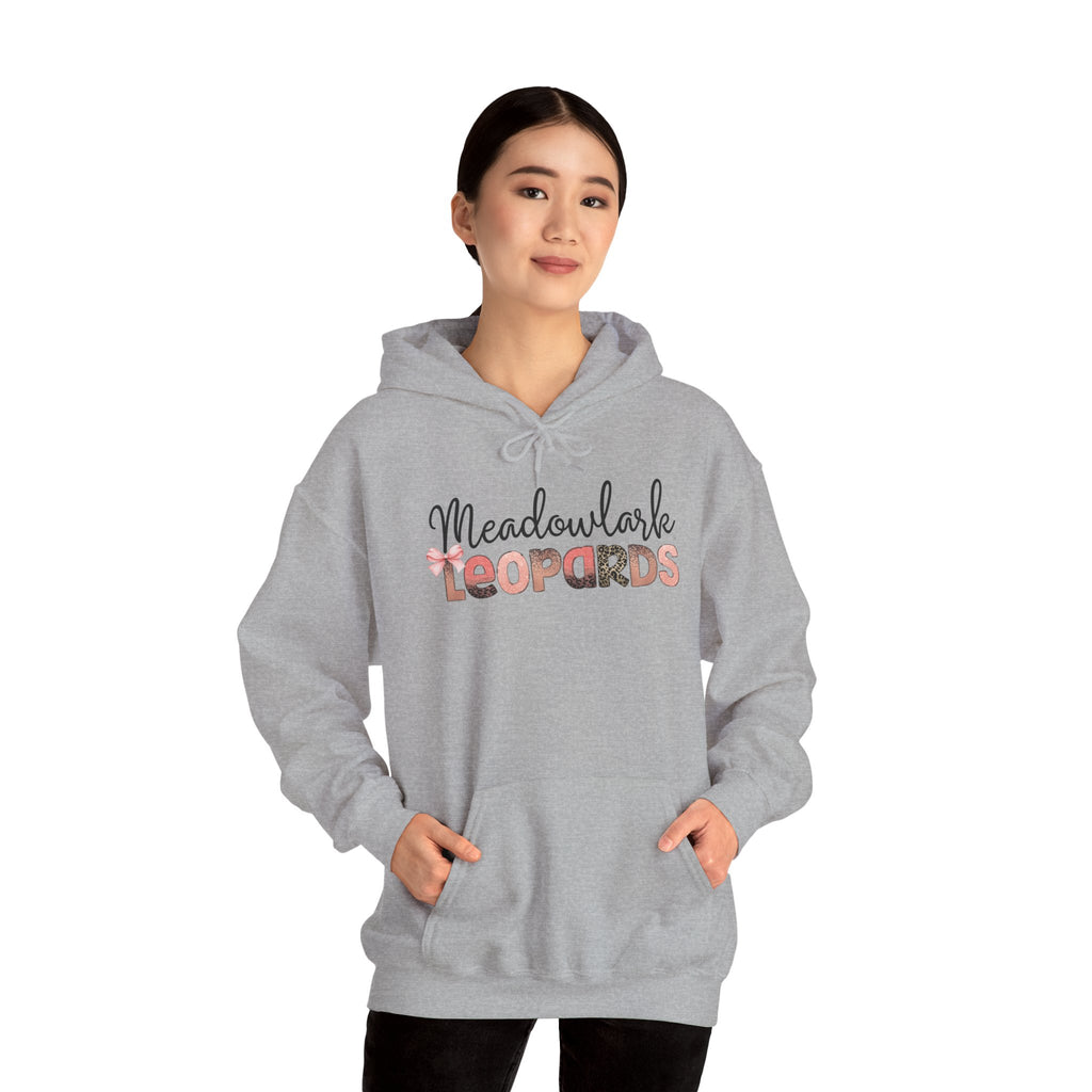 Meadowlark Leopards Hoodie – Pink Mock Glitter & Leopard Print Design with Bow | Gildan Heavy Blend Hooded Sweatshirt | School Spirit Wear