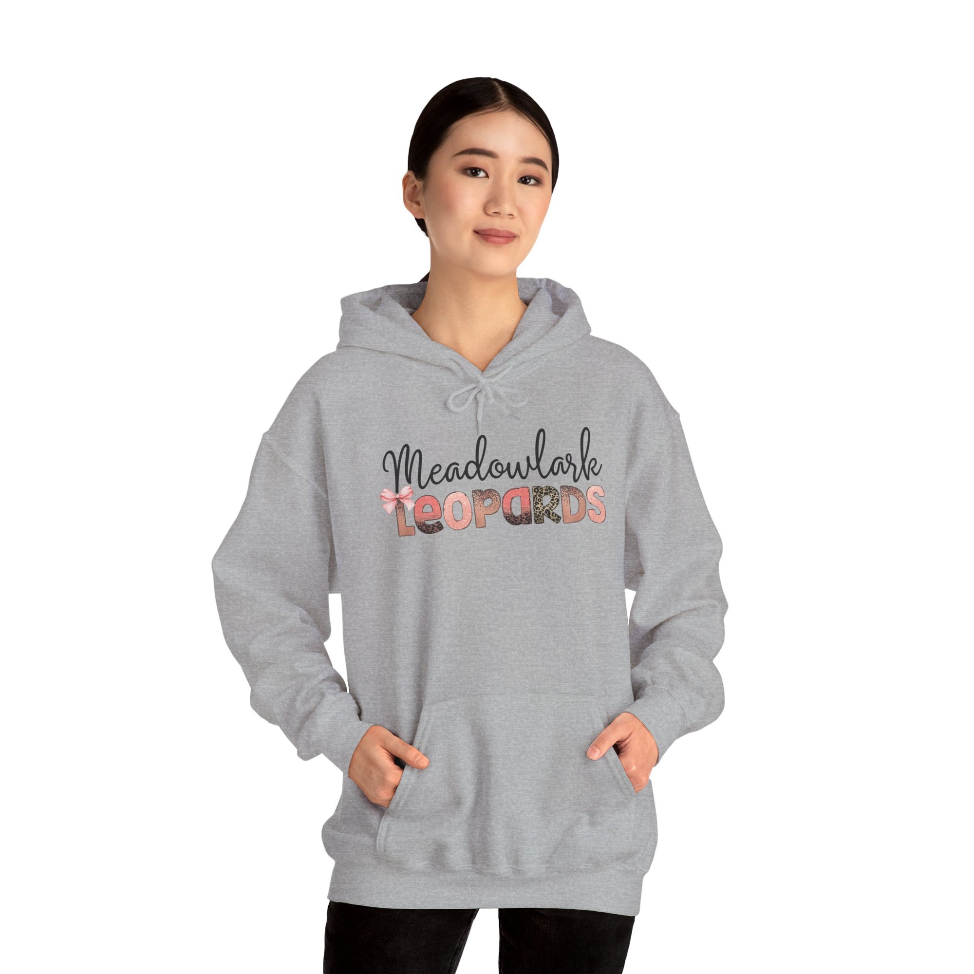 Meadowlark Leopards Hoodie – Pink Mock Glitter & Leopard Print Design with Bow | Gildan Heavy Blend Hooded Sweatshirt | School Spirit Wear