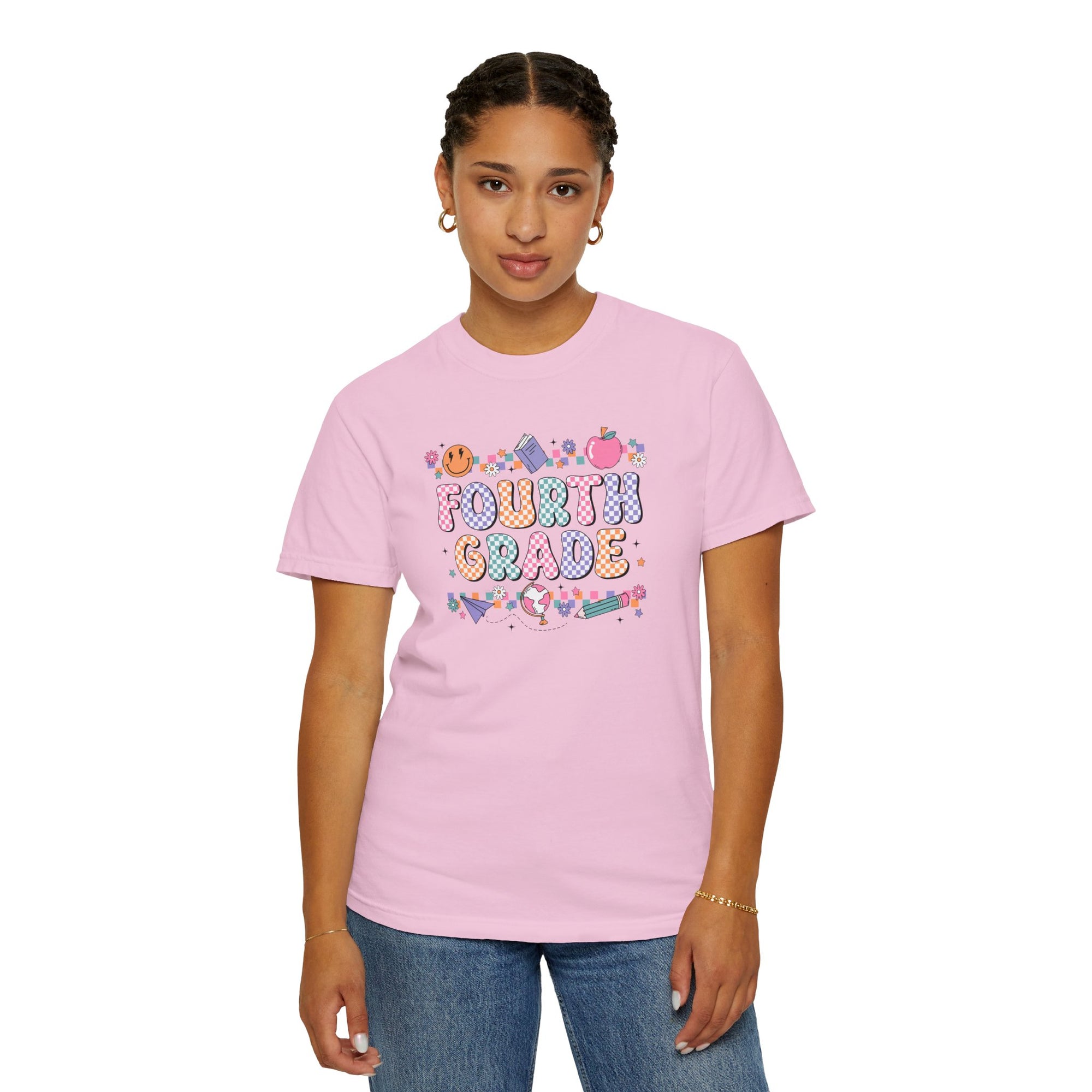 Fourth Grade Groovy Checkered Shirt - Comfort Colors 1717 Teacher Shirt - Back to School Tee - Retro Teacher Gift