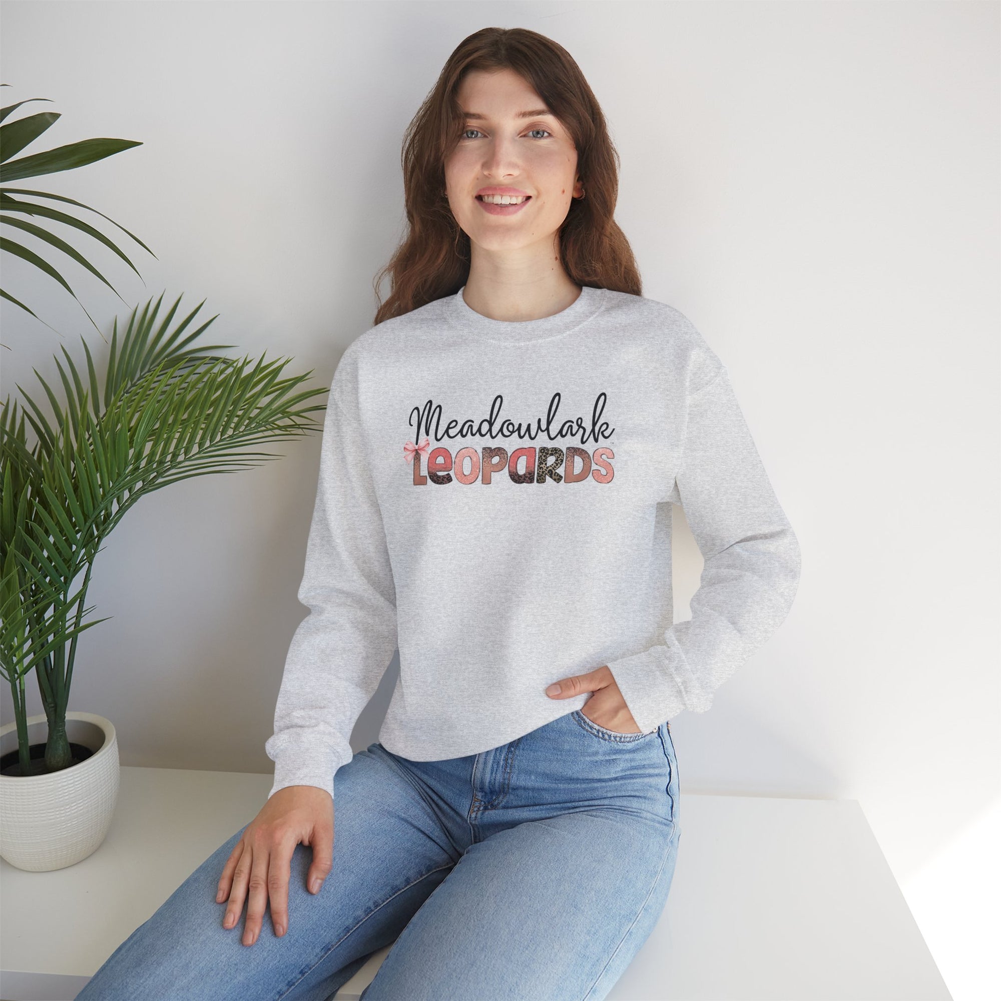 Meadowlark Leopards Crewneck Sweatshirt – Gildan Heavy Blend 18000 – Pink & Leopard Print School Spirit – Teacher Sweatshirt