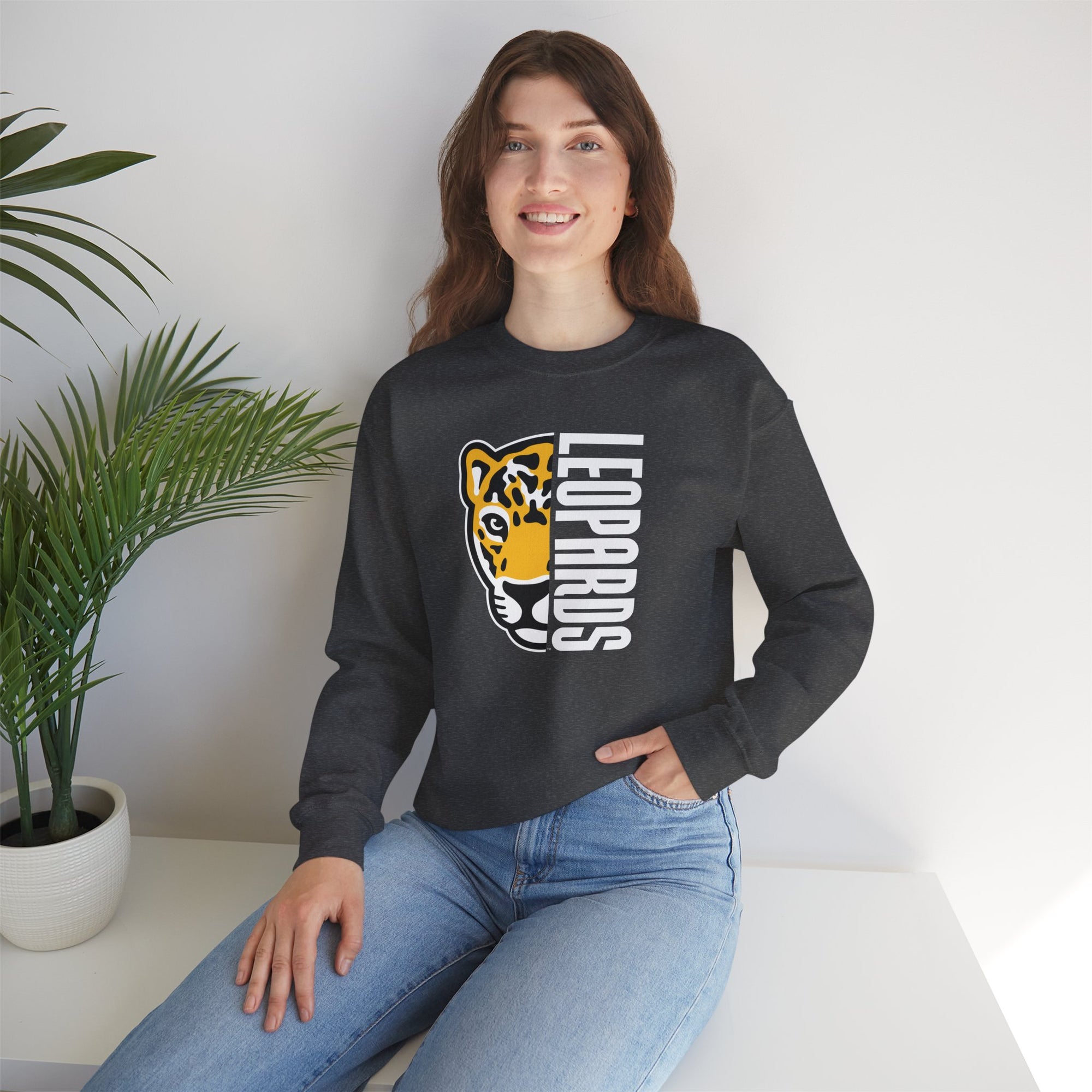 Leopards Mascot Crewneck Sweatshirt | Gildan Unisex Heavy Blend | School Spirit Wear | Teacher & Student Spirit Apparel