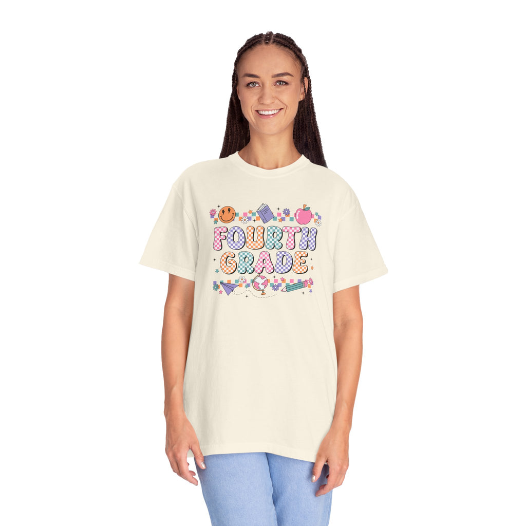Fourth Grade Groovy Checkered Shirt - Comfort Colors 1717 Teacher Shirt - Back to School Tee - Retro Teacher Gift