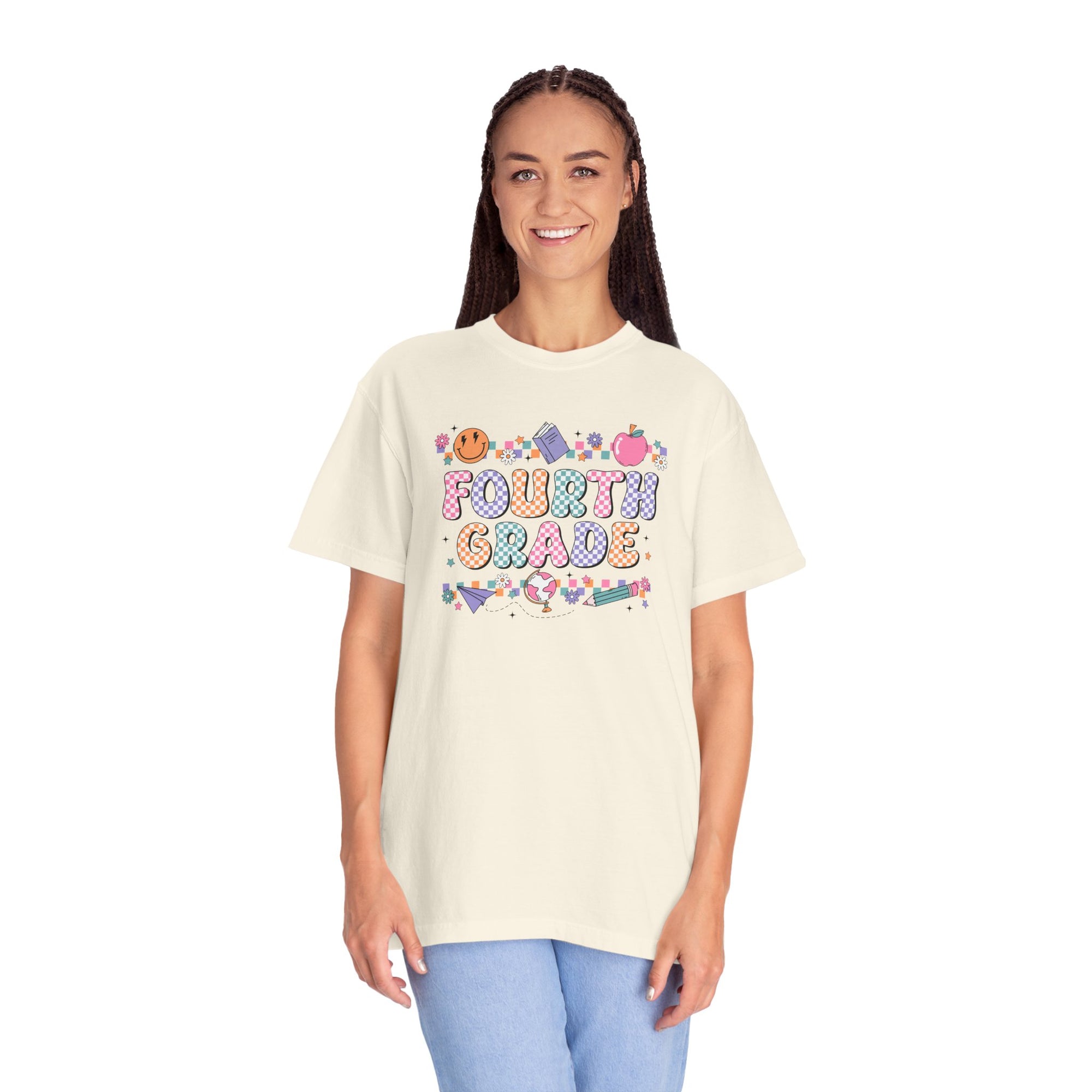 Fourth Grade Groovy Checkered Shirt - Comfort Colors 1717 Teacher Shirt - Back to School Tee - Retro Teacher Gift