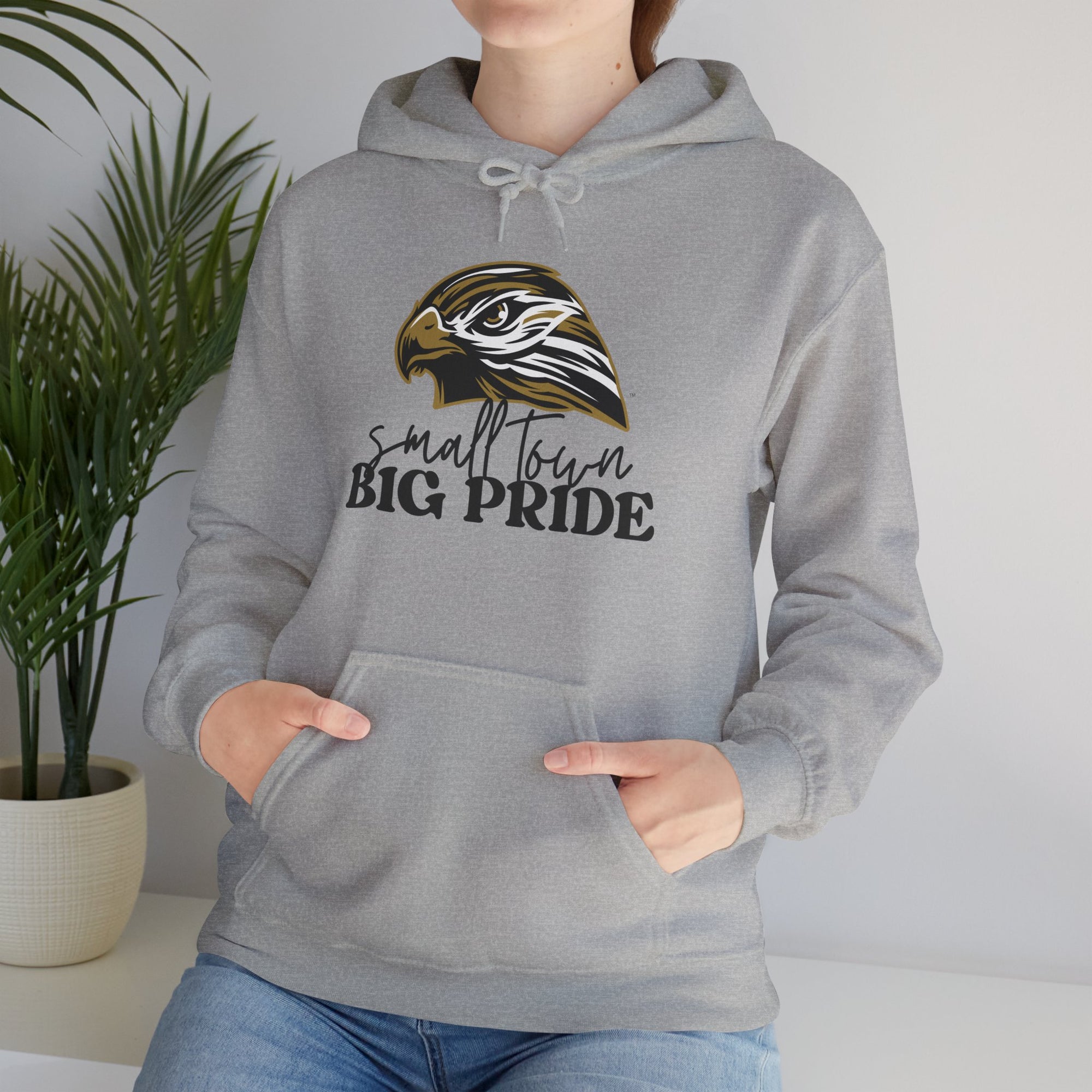 Small Town, Big Pride Gildan Heavy Blend Unisex Hoodie – Hawk Mascot Sweatshirt