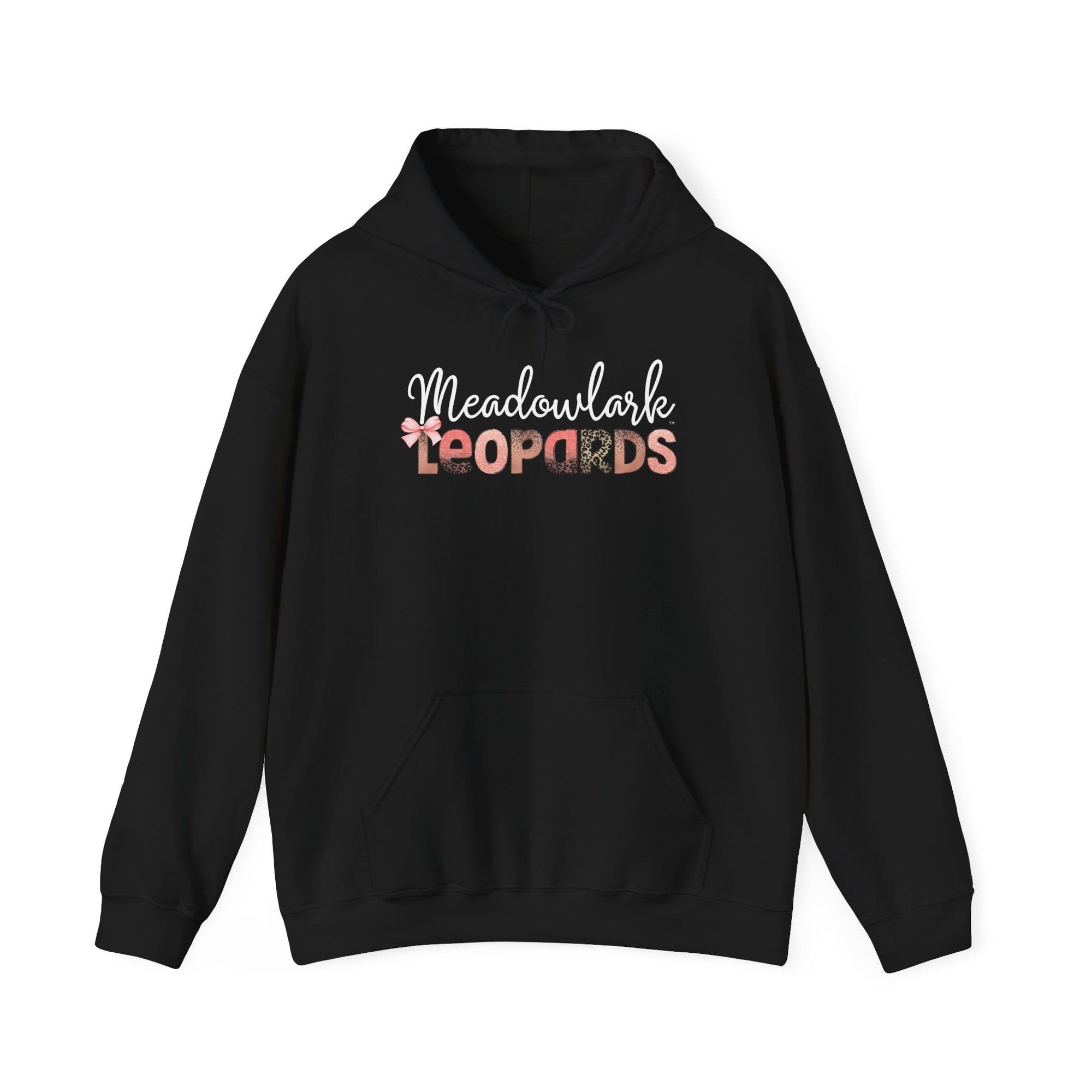 Meadowlark Leopards Hoodie – Pink Mock Glitter & Leopard Print Design with Bow | Gildan Heavy Blend Hooded Sweatshirt | School Spirit Wear