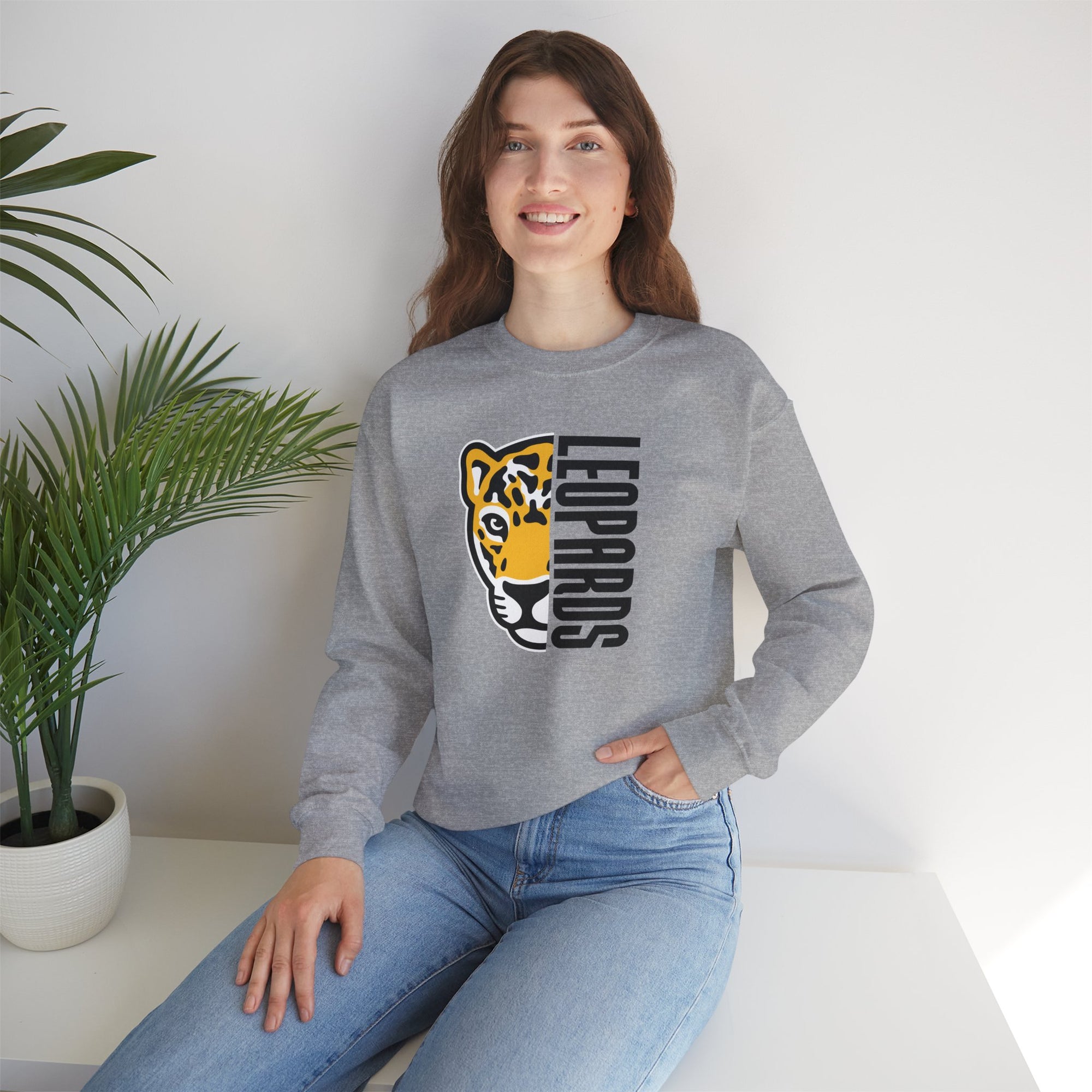 Leopards Mascot Crewneck Sweatshirt | Gildan Unisex Heavy Blend | School Spirit Wear | Teacher & Student Spirit Apparel