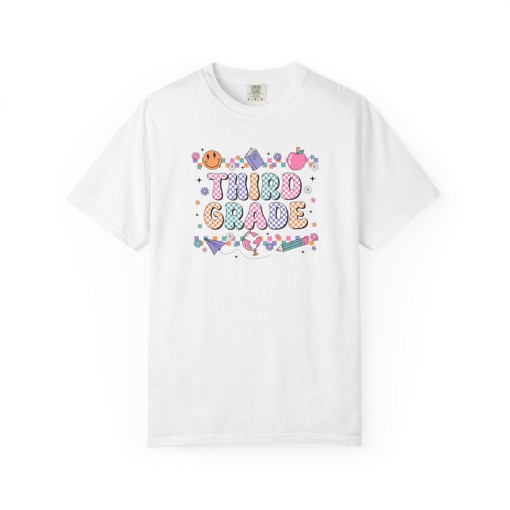 Third Grade Groovy Checkered Shirt - Comfort Colors 1717 Teacher Shirt - Back to School Tee - Retro Teacher Gift