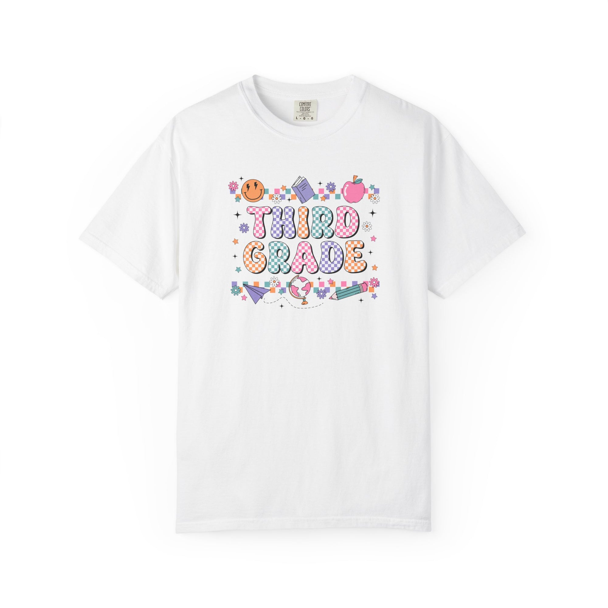 Third Grade Groovy Checkered Shirt - Comfort Colors 1717 Teacher Shirt - Back to School Tee - Retro Teacher Gift