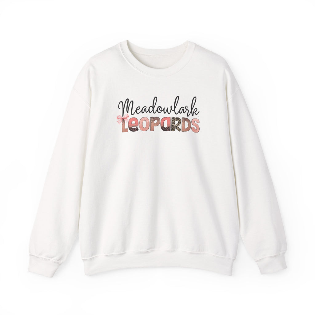 Meadowlark Leopards Crewneck Sweatshirt – Gildan Heavy Blend 18000 – Pink & Leopard Print School Spirit – Teacher Sweatshirt