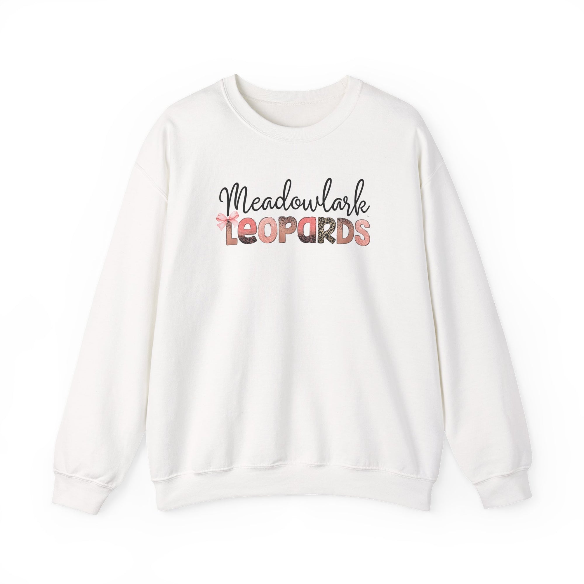 Meadowlark Leopards Crewneck Sweatshirt – Gildan Heavy Blend 18000 – Pink & Leopard Print School Spirit – Teacher Sweatshirt