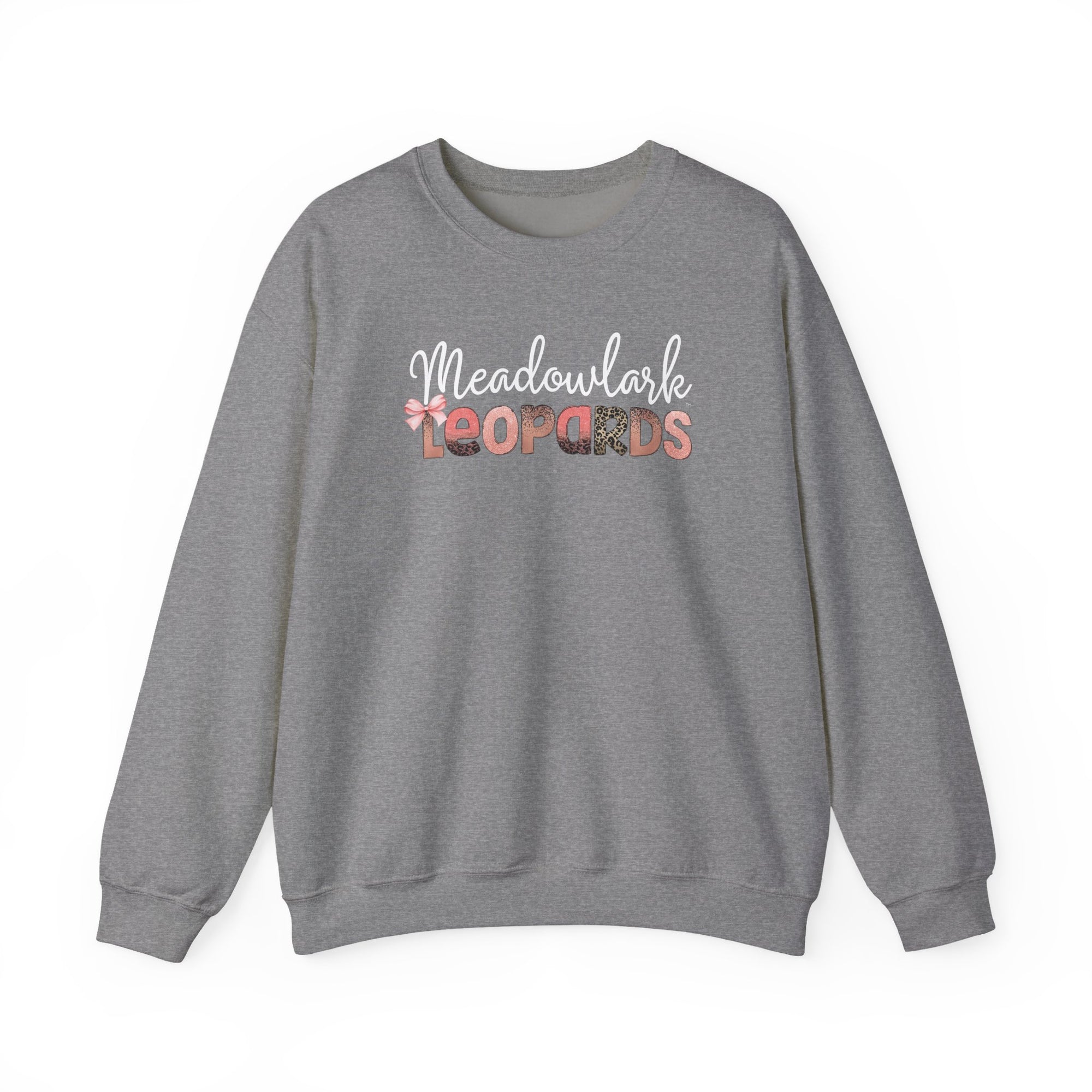 Meadowlark Leopards Crewneck Sweatshirt – Gildan Heavy Blend 18000 – Pink & Leopard Print School Spirit – Teacher Sweatshirt