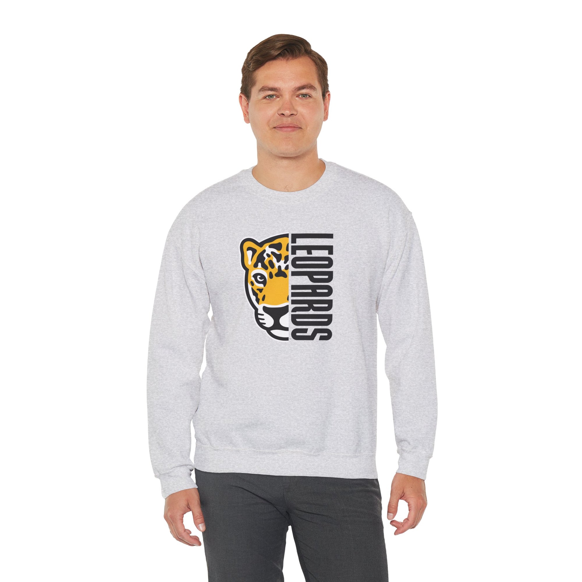 Leopards Mascot Crewneck Sweatshirt | Gildan Unisex Heavy Blend | School Spirit Wear | Teacher & Student Spirit Apparel