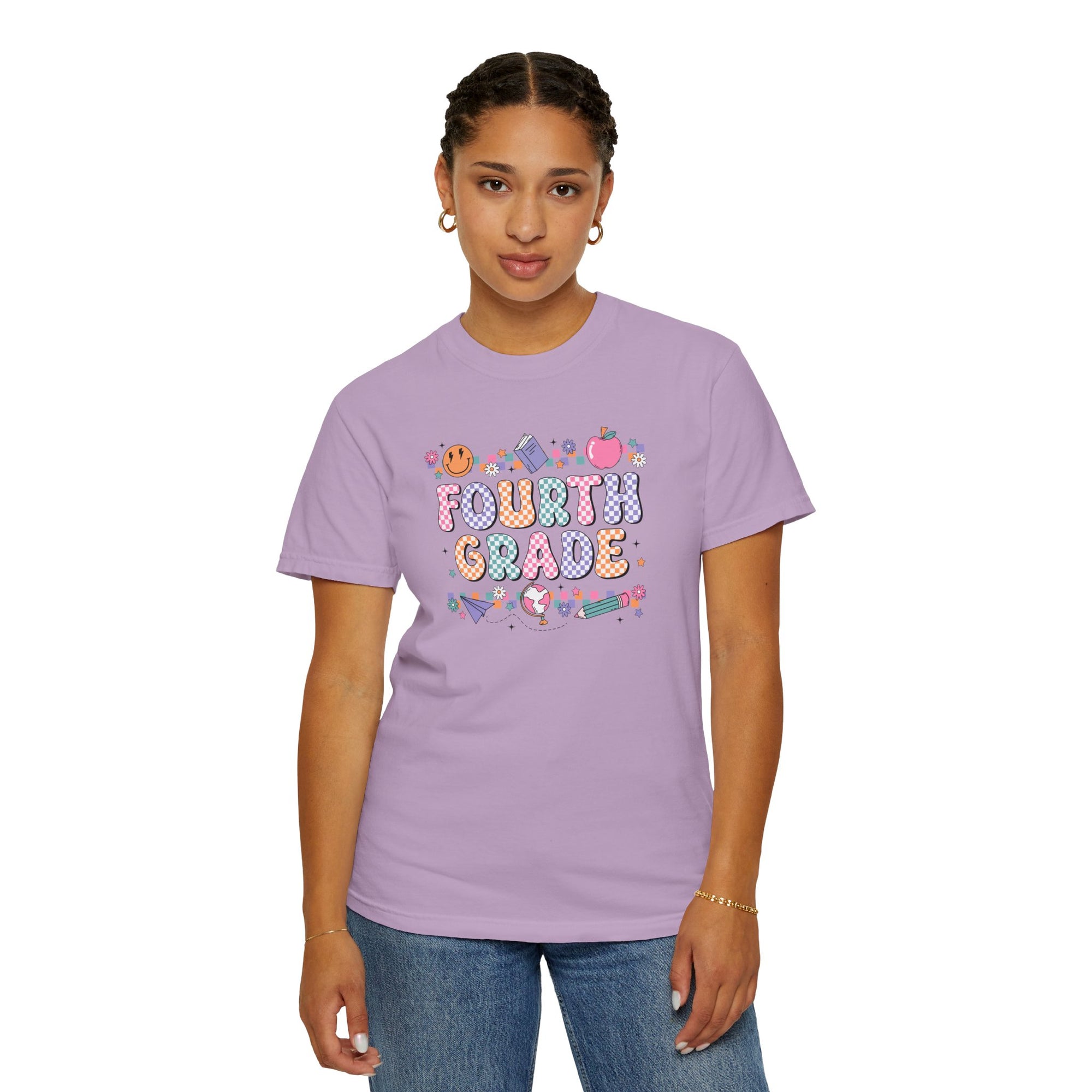 Fourth Grade Groovy Checkered Shirt - Comfort Colors 1717 Teacher Shirt - Back to School Tee - Retro Teacher Gift