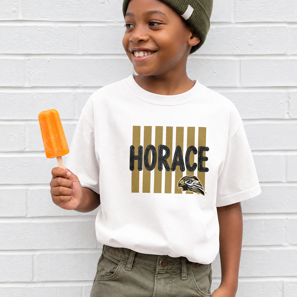 Horace Hawks Youth Stripe Mascot T-Shirt, Hoodie, & Crewneck