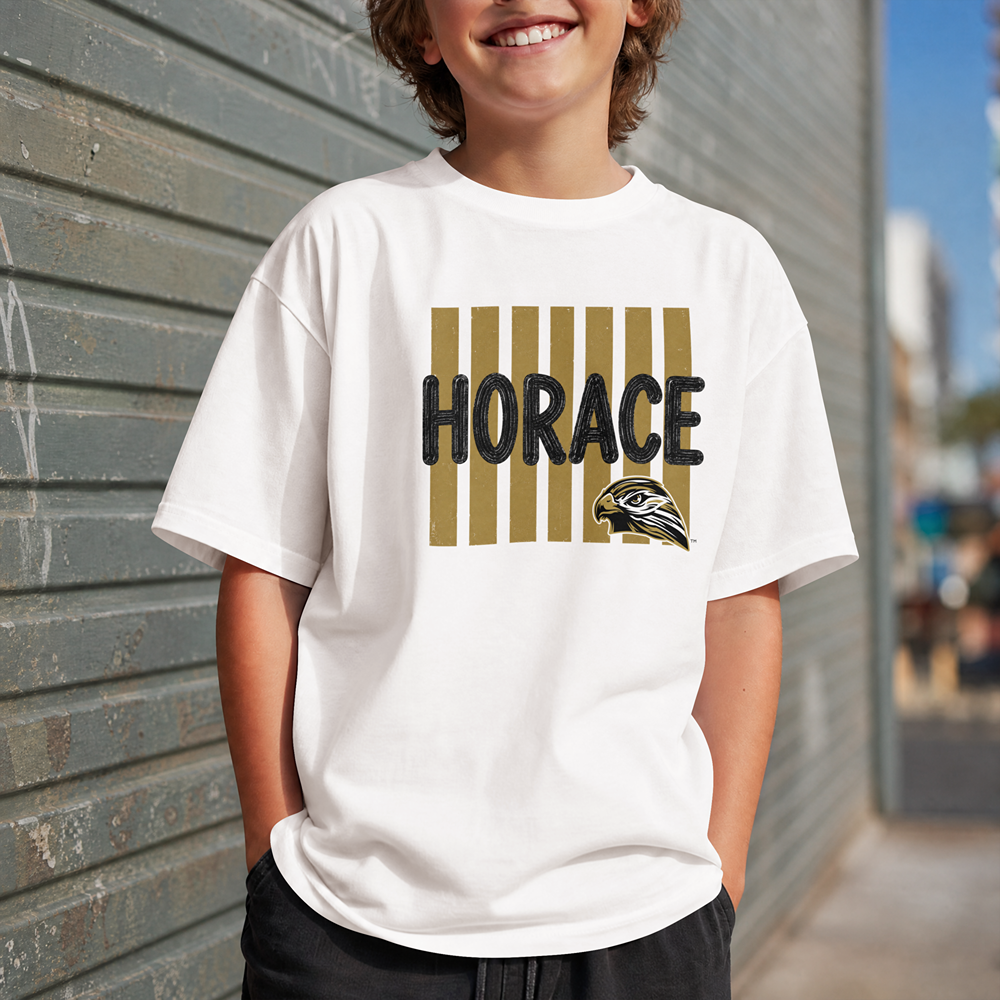 Horace Hawks Youth Stripe Mascot T-Shirt, Hoodie, & Crewneck