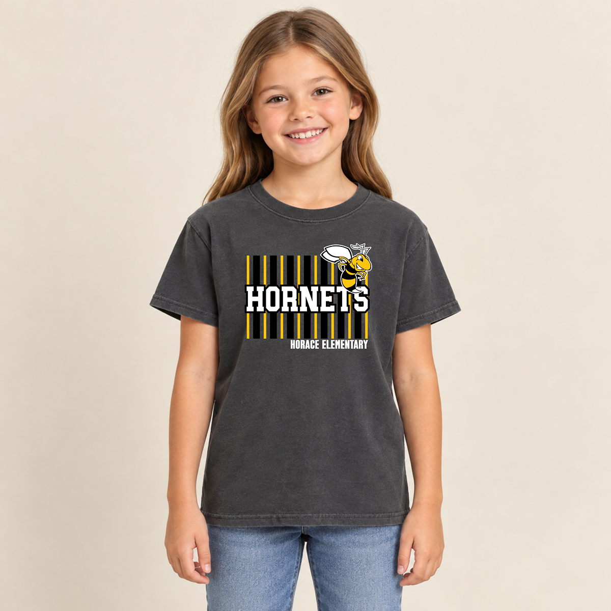 Horace Hornets Youth Personalized Striped Spirit Tee |T-Shirts, Crewneck & Hoodie