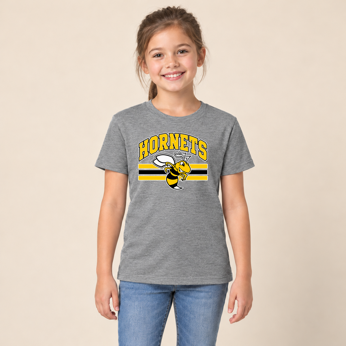 Horace Hornets Youth Mascot & Stripes | Comfort Colors T-Shirt, District Perfect Tri Tshirt, Gildan Hoodie, & Crewneck