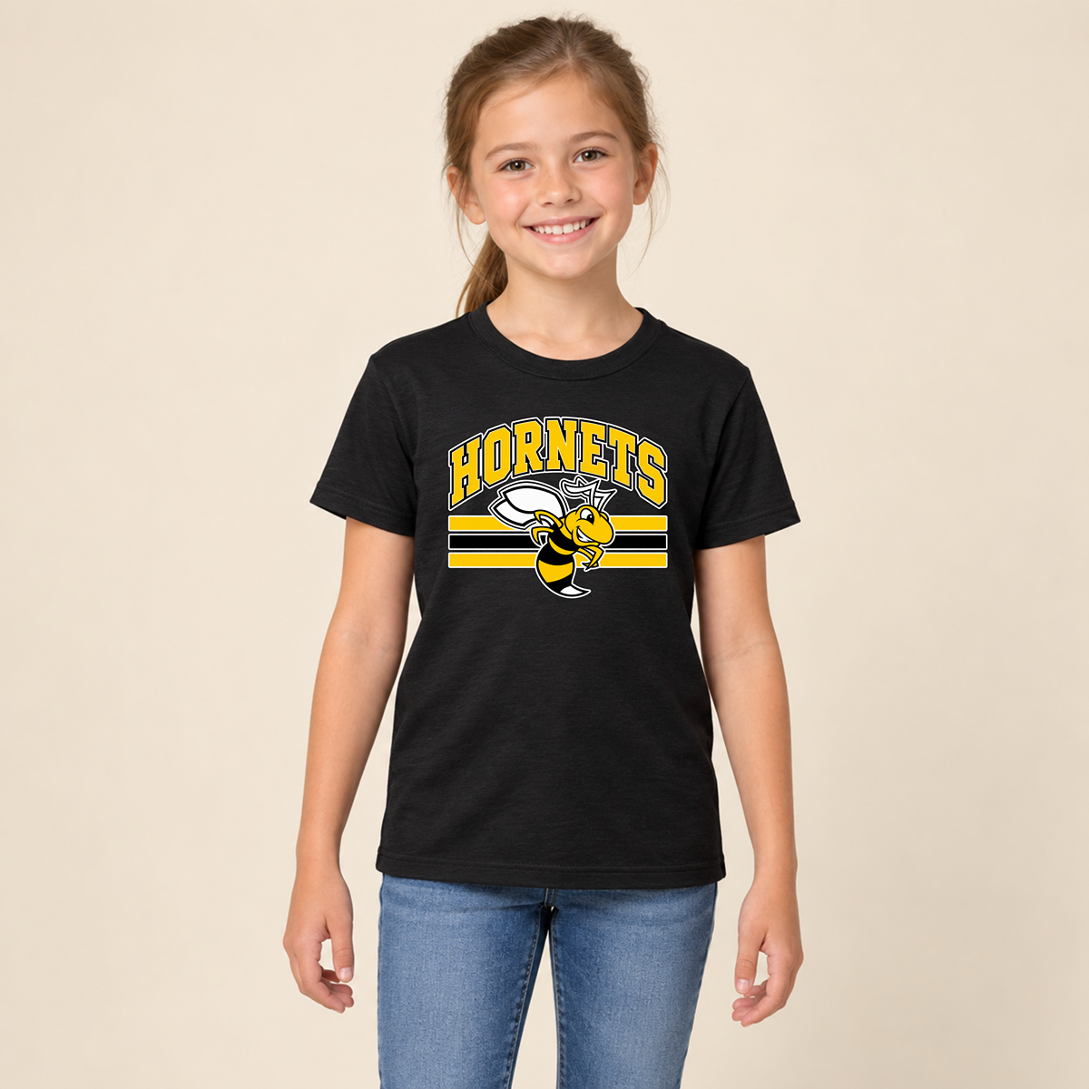 Horace Hornets Youth Mascot & Stripes | Comfort Colors T-Shirt, District Perfect Tri Tshirt, Gildan Hoodie, & Crewneck