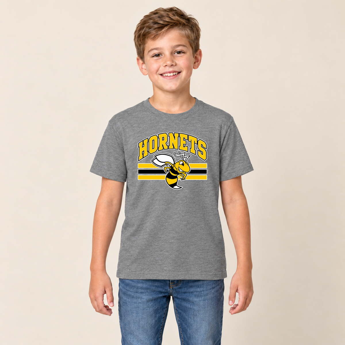 Horace Hornets Youth Mascot & Stripes | Comfort Colors T-Shirt, District Perfect Tri Tshirt, Gildan Hoodie, & Crewneck