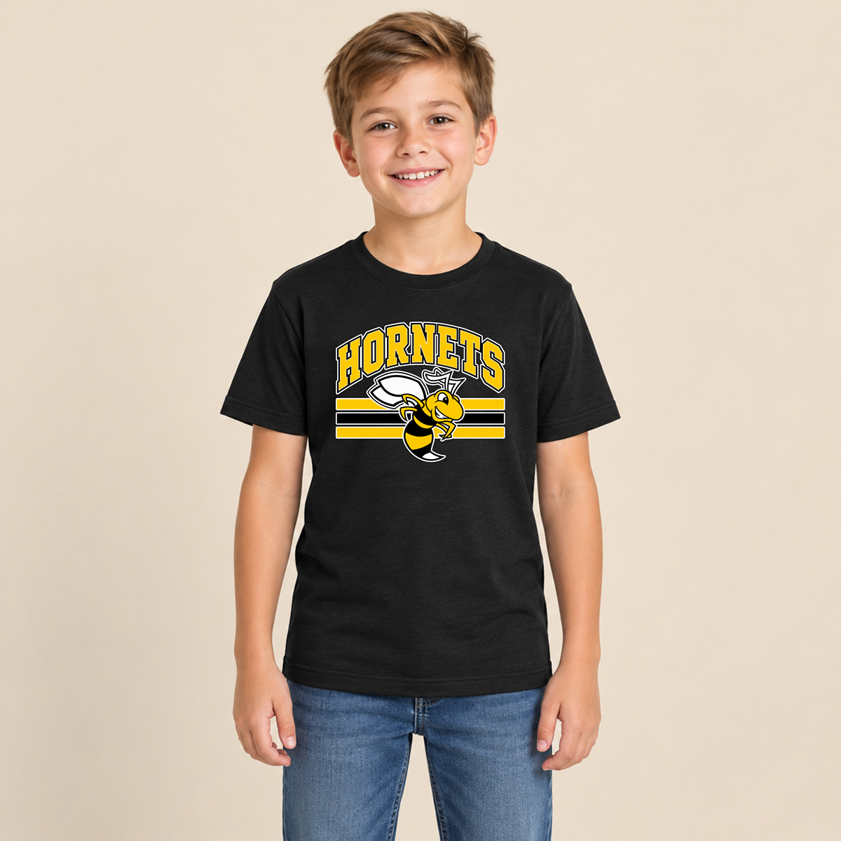 Horace Hornets Youth Mascot & Stripes | Comfort Colors T-Shirt, District Perfect Tri Tshirt, Gildan Hoodie, & Crewneck