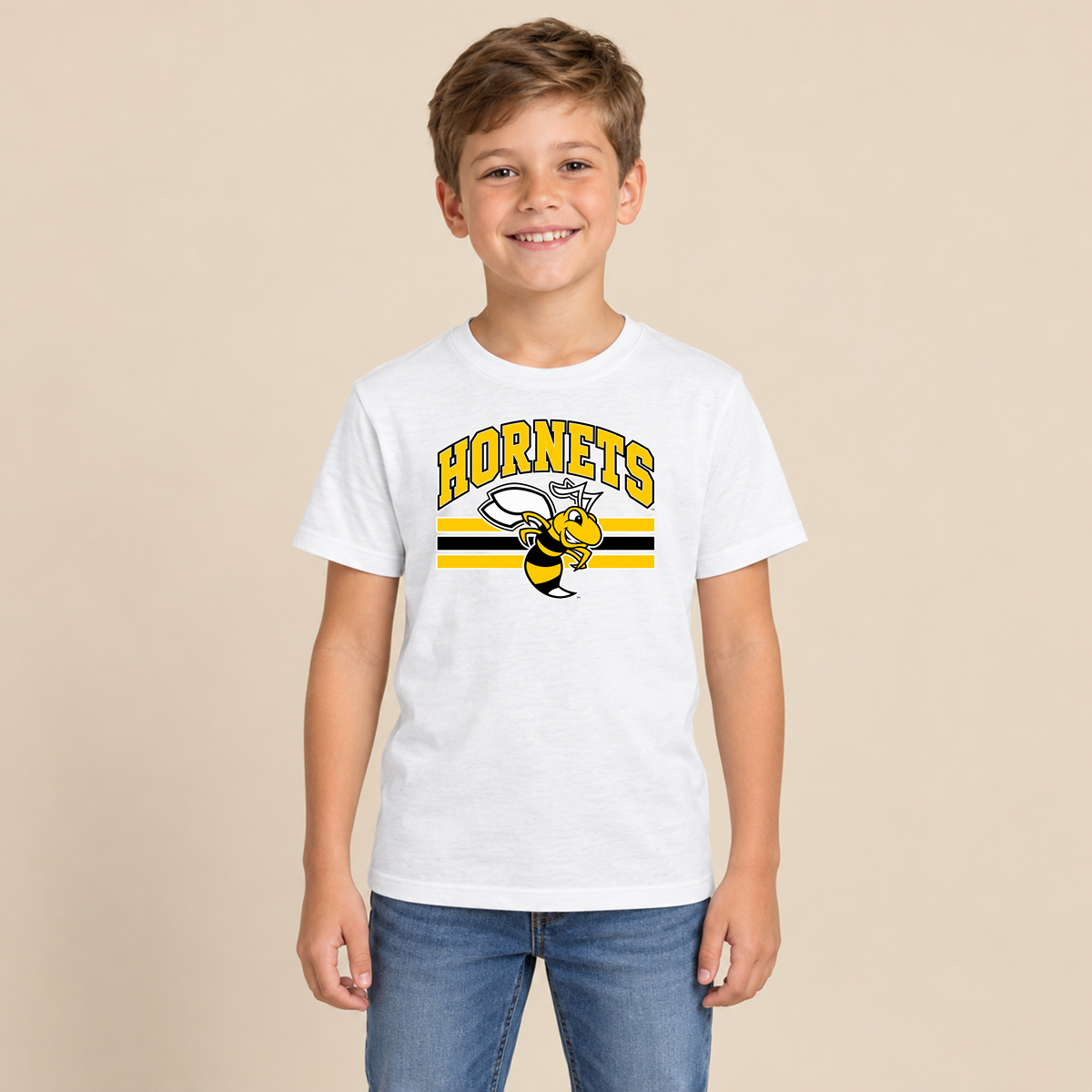Horace Hornets Youth Mascot & Stripes | Comfort Colors T-Shirt, District Perfect Tri Tshirt, Gildan Hoodie, & Crewneck