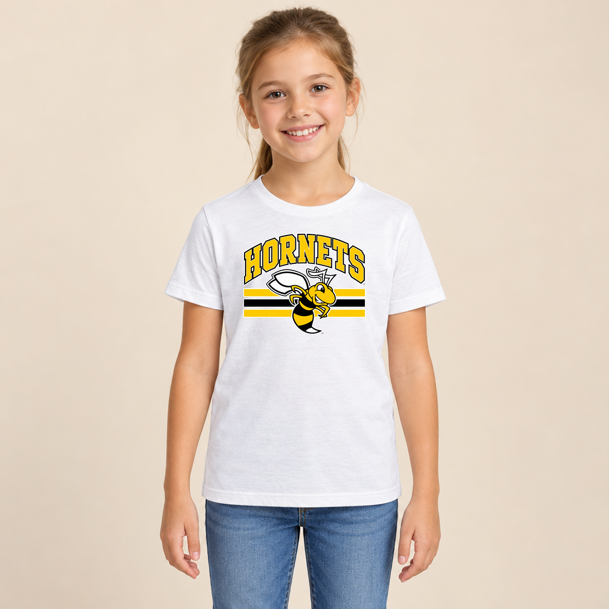 Horace Hornets Youth Mascot & Stripes | Comfort Colors T-Shirt, District Perfect Tri Tshirt, Gildan Hoodie, & Crewneck