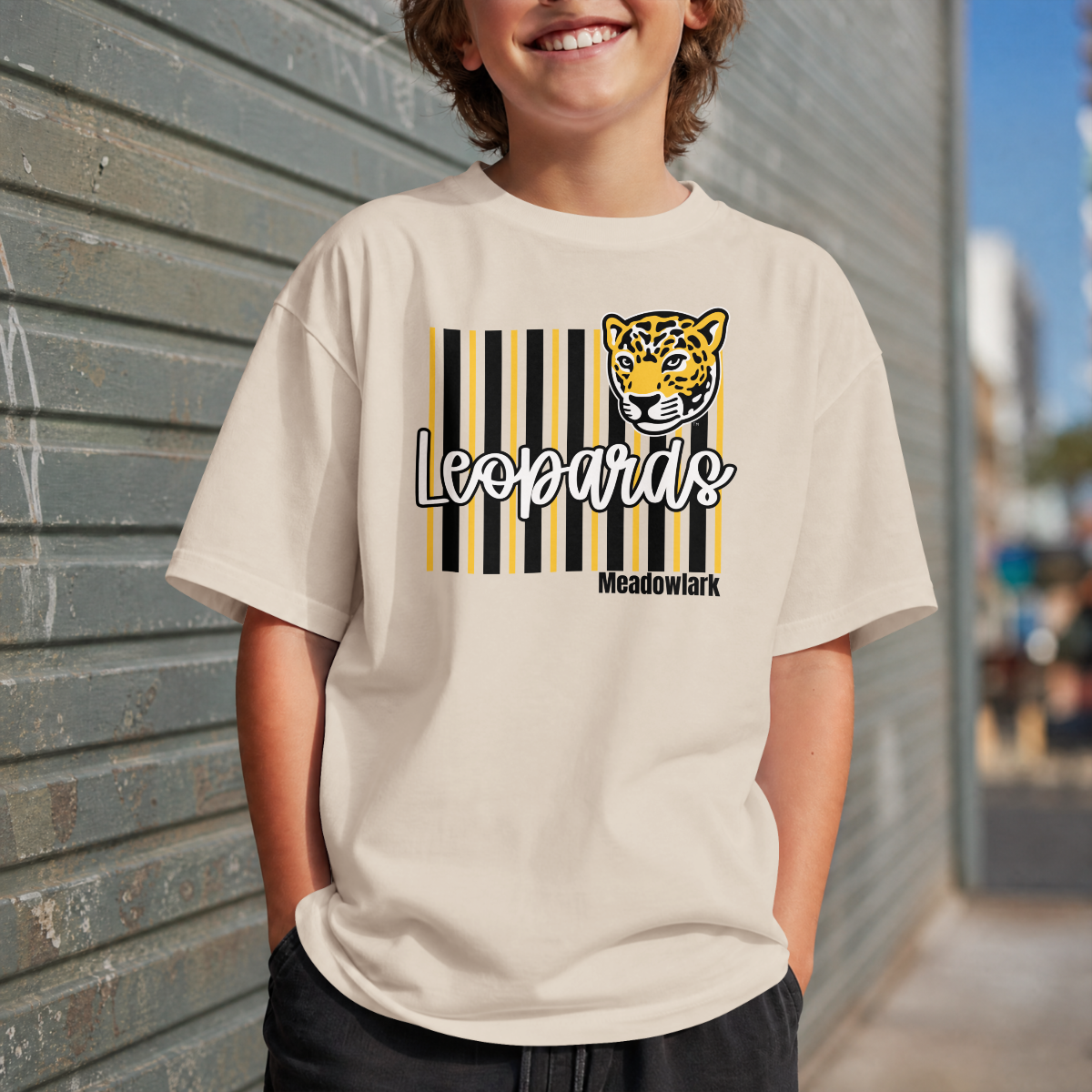 Meadowlark Leopard Striped Youth Tee, Fun Graphic Shirt for Kids, School Mascot Tshirt
