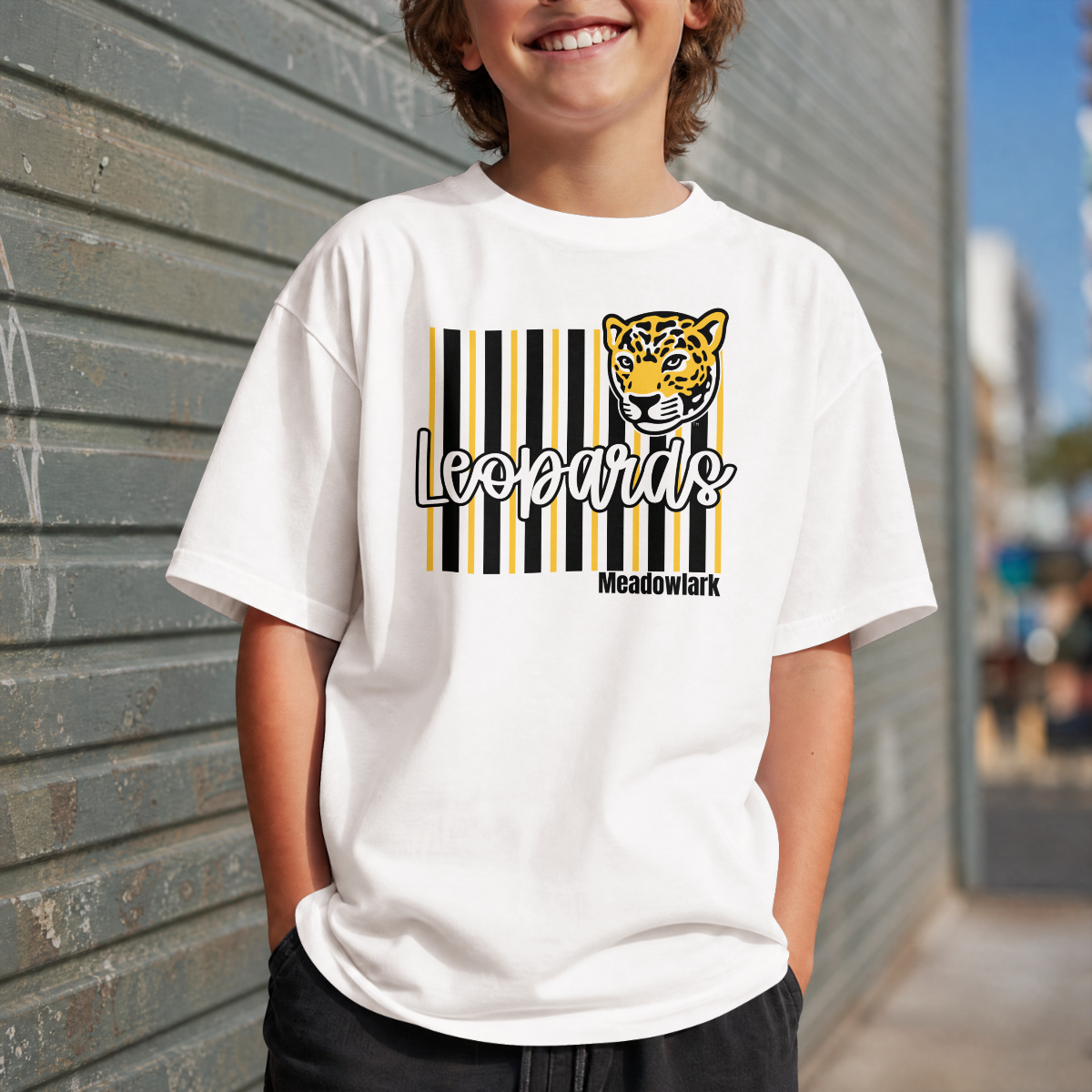 Meadowlark Leopard Striped Youth Tee, Fun Graphic Shirt for Kids, School Mascot Tshirt