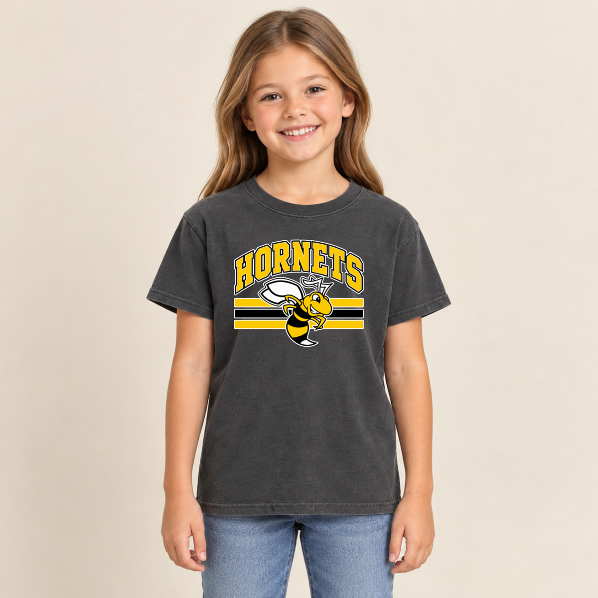 Horace Hornets Youth Mascot & Stripes | Comfort Colors T-Shirt, District Perfect Tri Tshirt, Gildan Hoodie, & Crewneck