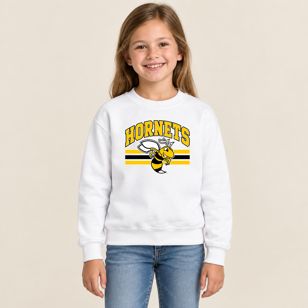 Horace Hornets Youth Mascot & Stripes | Comfort Colors T-Shirt, District Perfect Tri Tshirt, Gildan Hoodie, & Crewneck