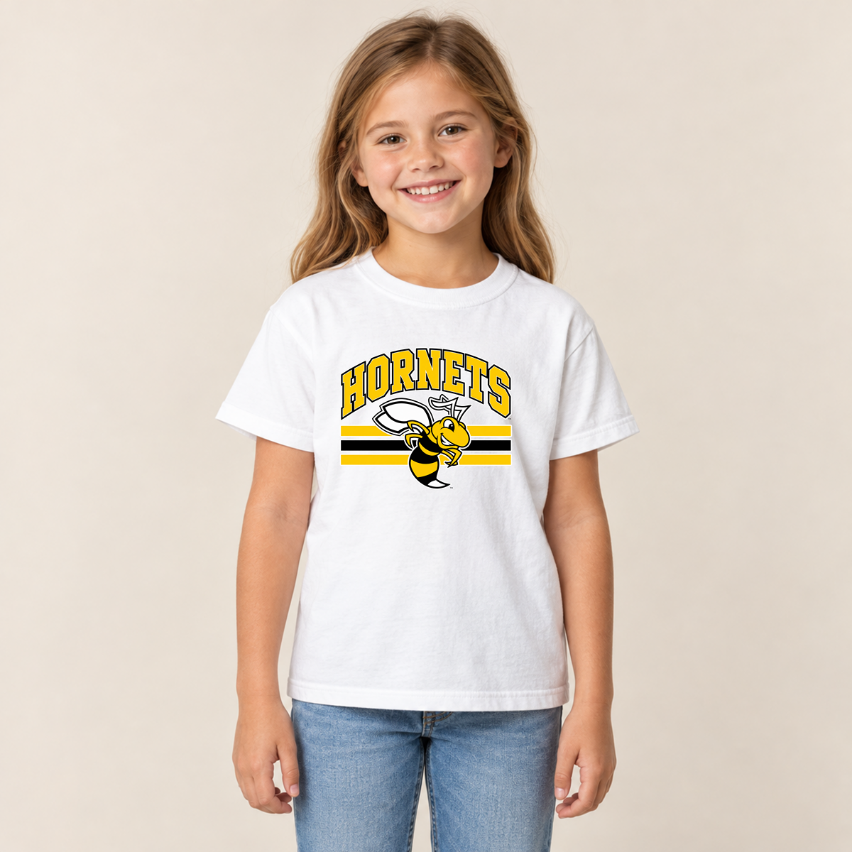 Horace Hornets Youth Mascot & Stripes | Comfort Colors T-Shirt, District Perfect Tri Tshirt, Gildan Hoodie, & Crewneck