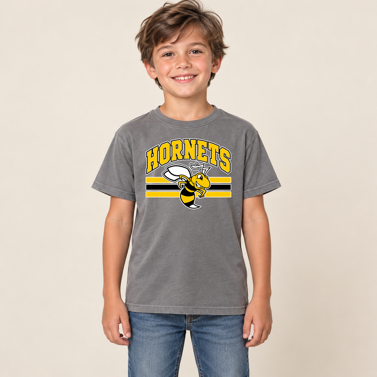 Horace Hornets Youth Mascot & Stripes | Comfort Colors T-Shirt, District Perfect Tri Tshirt, Gildan Hoodie, & Crewneck