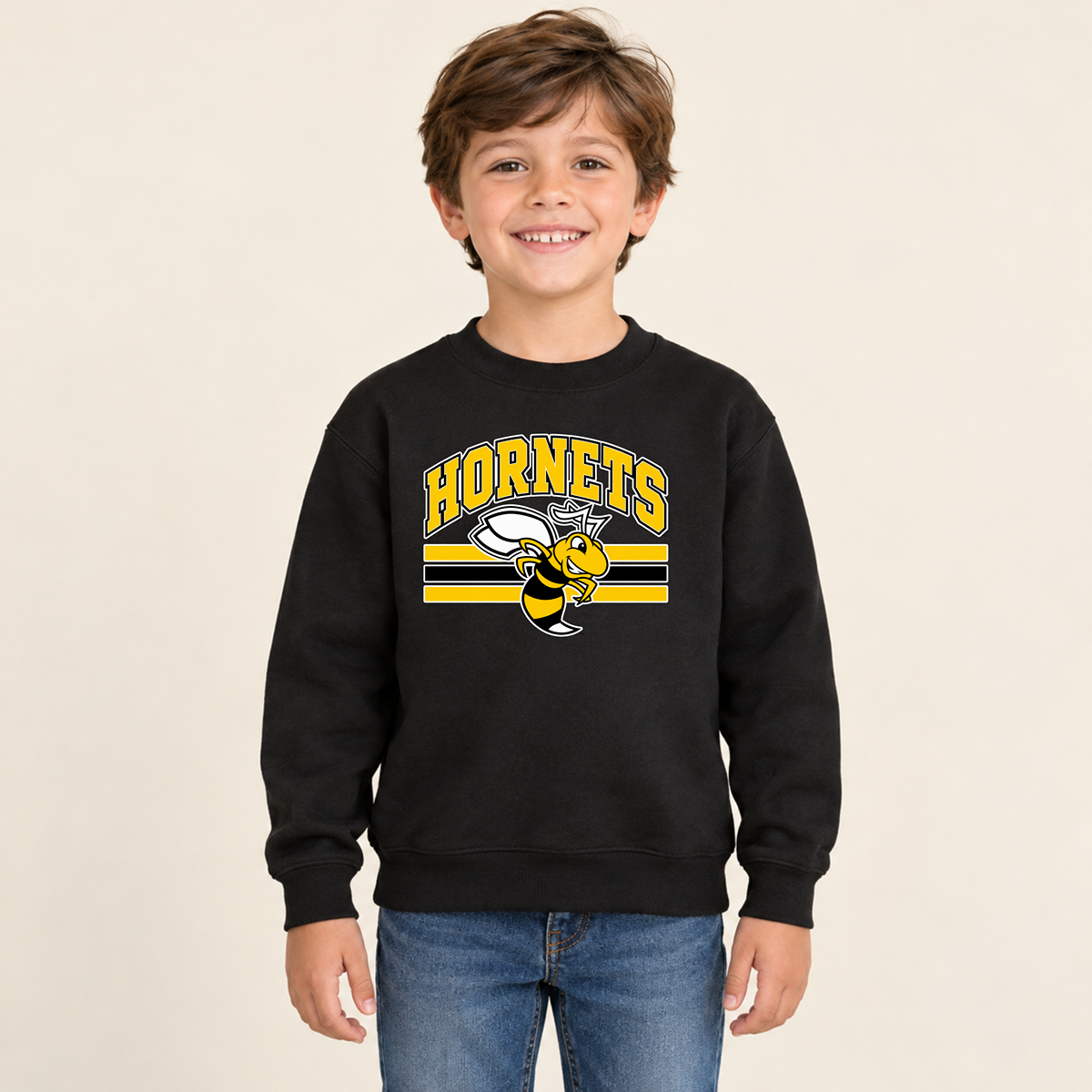 Horace Hornets Youth Mascot & Stripes | Comfort Colors T-Shirt, District Perfect Tri Tshirt, Gildan Hoodie, & Crewneck