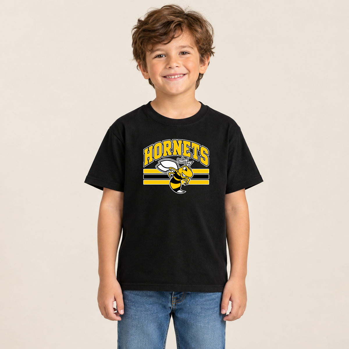 Horace Hornets Youth Mascot & Stripes | Comfort Colors T-Shirt, District Perfect Tri Tshirt, Gildan Hoodie, & Crewneck