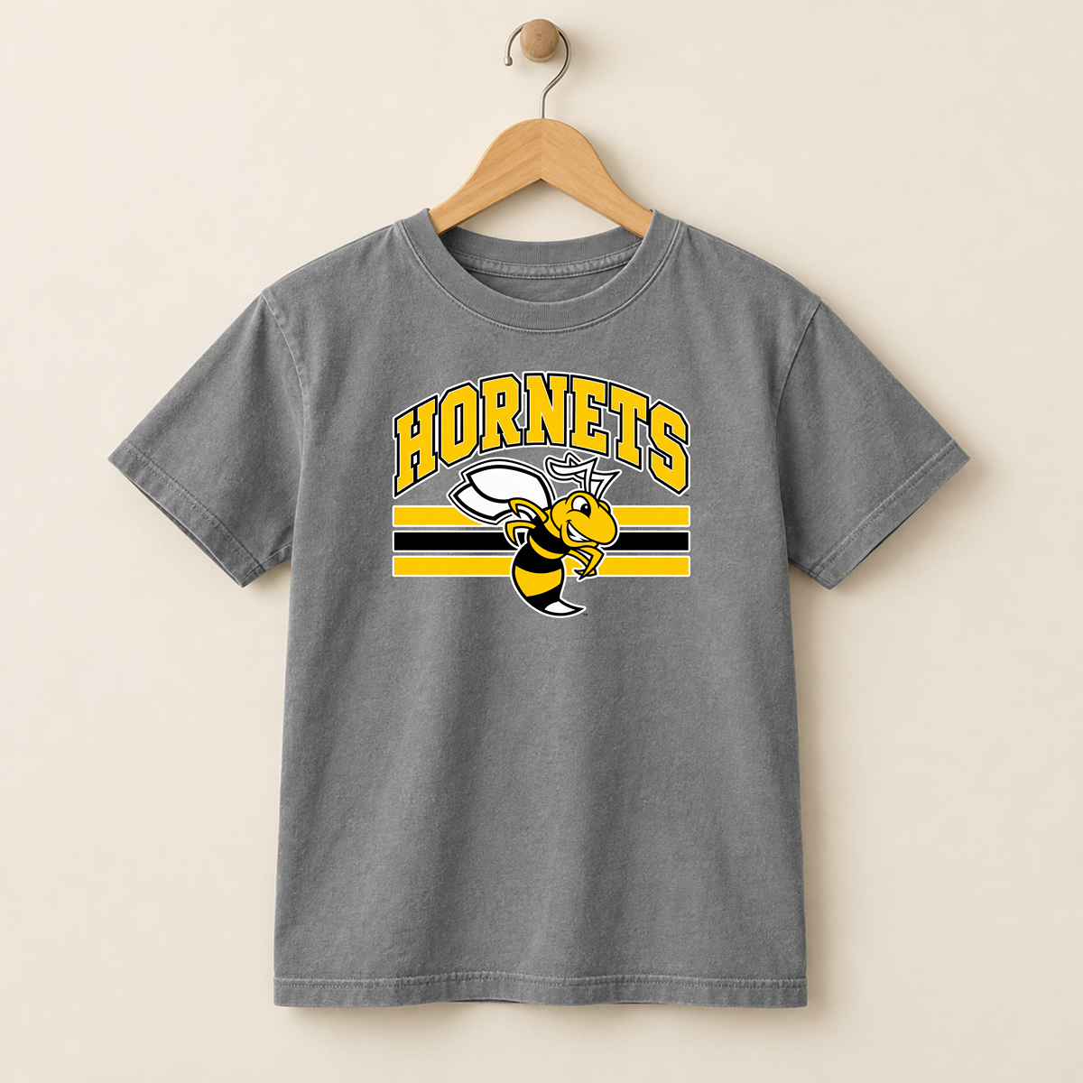 Horace Hornets Youth Mascot & Stripes | Comfort Colors T-Shirt, District Perfect Tri Tshirt, Gildan Hoodie, & Crewneck
