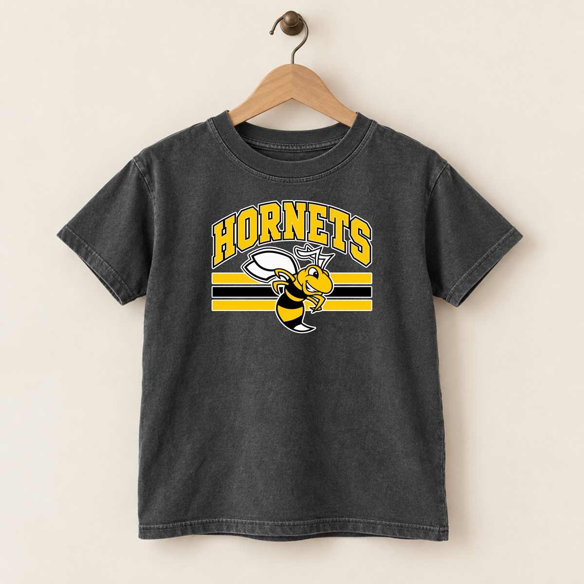 Horace Hornets Youth Mascot & Stripes | Comfort Colors T-Shirt, District Perfect Tri Tshirt, Gildan Hoodie, & Crewneck